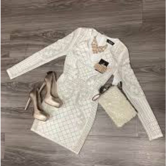 Hot Miami Styles White Rhinestone Pearl Quilted V Neck Long Sleeve Dress M - Picture 3 of 5